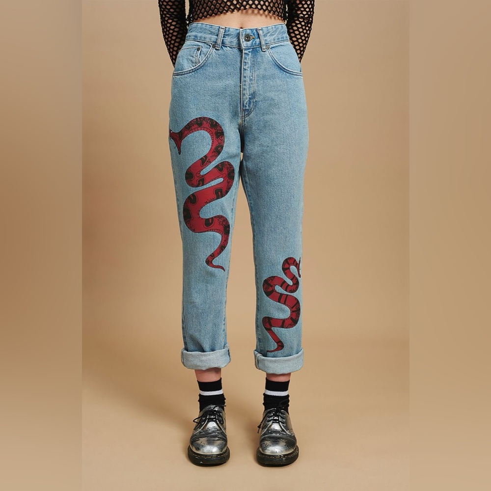 Light Blue Women's Denim Jeans with Red Snake Print
